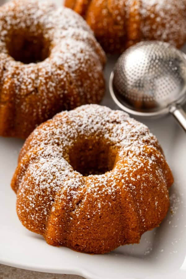 Mini pumpkin bundt cakes topped with a light dusting of powdered sugar.