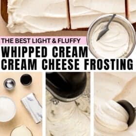 Light and fluffy whipped cream cheese frosting whipped in a stand mixer then spread on a cake.