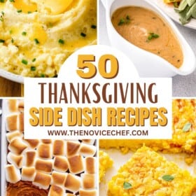 Mashed potatoes, gravy, sweet potato casserole, and jiffy corn casserole are in a collage together.