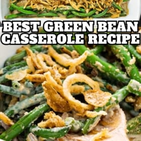 A casserole filled with fresh green bean casserole with a wooden spoon scooping out a serving.