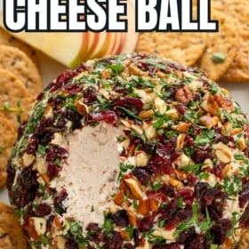 A cranberry cheese ball is served with crackers and apples.