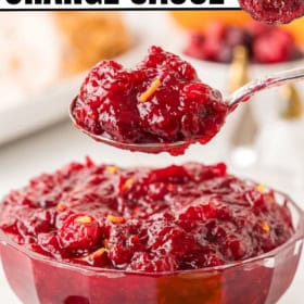 A spoon scooping out a serving of cranberry orange sauce out of a bowl.