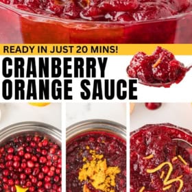 A bowl of homemade cranberry sauce with orange zest and the cranberry sauce recipe being prepared in a pot.