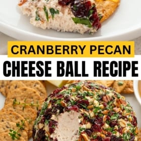 Cranberry pecan cheese ball recipe served with a drizzle of honey.