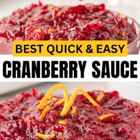 Cranberry orange sauce in a bowl with fresh orange zest on top and a spoon lifting up a serving.