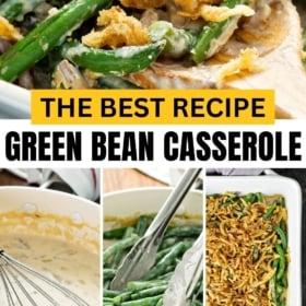 Homemade green bean casserole being prepared in a skillet and then baked in a casserole dish.