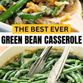 Fresh green beans being tossed in creamy mushroom sauce and then served in a green bean casserole with French fried onions.