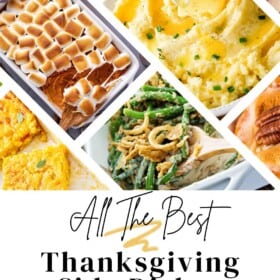 Side dishes like sweet potato casserole, mashed potatoes, and green bean casserole are placed next to each other in a collage.