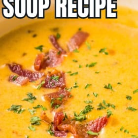 A pot of beer and cheese soup with crispy bacon on top.