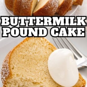 Slices of buttermilk pound cake with powdered sugar on top on a serving platter and a slice of cake with whipped cream on the side.