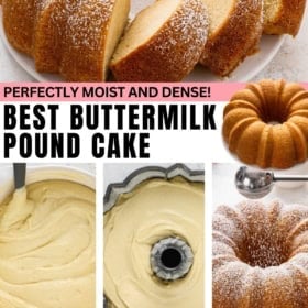 Buttermilk pound cake batter being prepared, baked in bundt pan, sliced and served with powdered sugar on top.