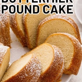 Slices of buttermilk pound cake with powdered sugar on top.