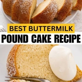 Vanilla pound cake with buttermilk sliced into pieces and being cut with a fork.