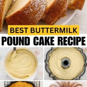 Pound cake batter being prepared and baked in a bundt pan and then dusted with powdered sugar on top.