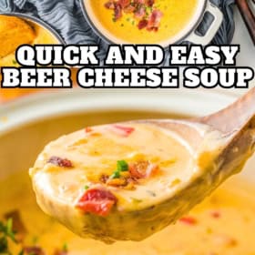 A bowl of beer cheese soup with bacon and a spoonful of soup being lifted out of a pot.