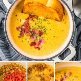 Beer cheese soup being prepared in a dutch oven and served in a bowl with a side of garlic bread.