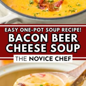 A pot of beer and cheese soup with crispy bacon on top and a wooden spoon lifting a serving of beer cheese soup out of the pot.