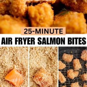 Air fried salmon bites are prepared with seasoned breadcrumbs.