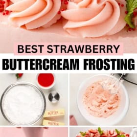 The best strawberry buttercream frosting recipe is prepared in one bowl, then piped onto a cake.