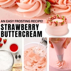 Strawberry frosting is made in a large mixing bowl and piped onto a homemade cake.