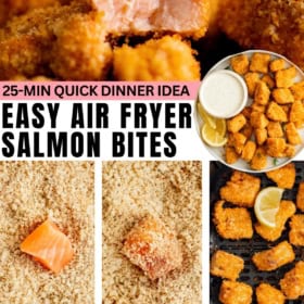 Easy air fryer salmon bites recipe prepared with breadcrumbs, cooked in the air fryer and served with white dipping sauce.