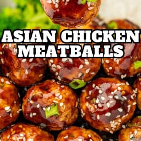 Asian chicken meatballs served with a fork.