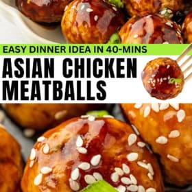 Asian chicken meatballs are coated in a glossy sauce, sesame seeds and chopped green onions.