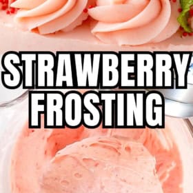 Sweet, fluffy strawberry frosting is whipped in a bowl and piped into swirls on a layered cake.