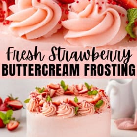 Fresh strawberry buttercream frosting is piped beautifully on top of a layered cake.