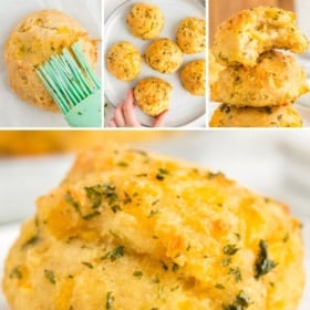 Cheddar biscuits are topped with butter and baked to golden perfection.