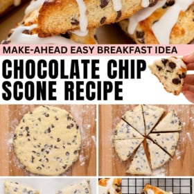 Chocolate chip scones are prepared in four simple steps and topped with white icing.