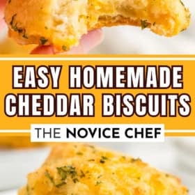 A bite has been taken out of a single cheddar biscuit to show a cooked through center.