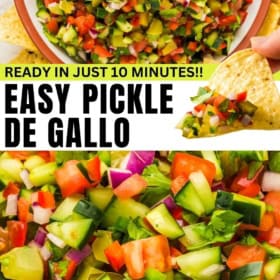 Close up image of pickle de gallo shows the details of fresh vegetables.