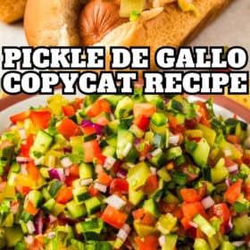 Copycat pickle de gallo recipe served on a hot dog next to a full bowl.