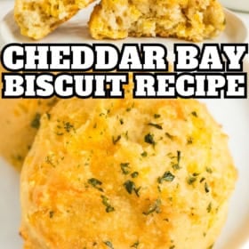 Cheddar bay biscuits are placed on a round white plate.