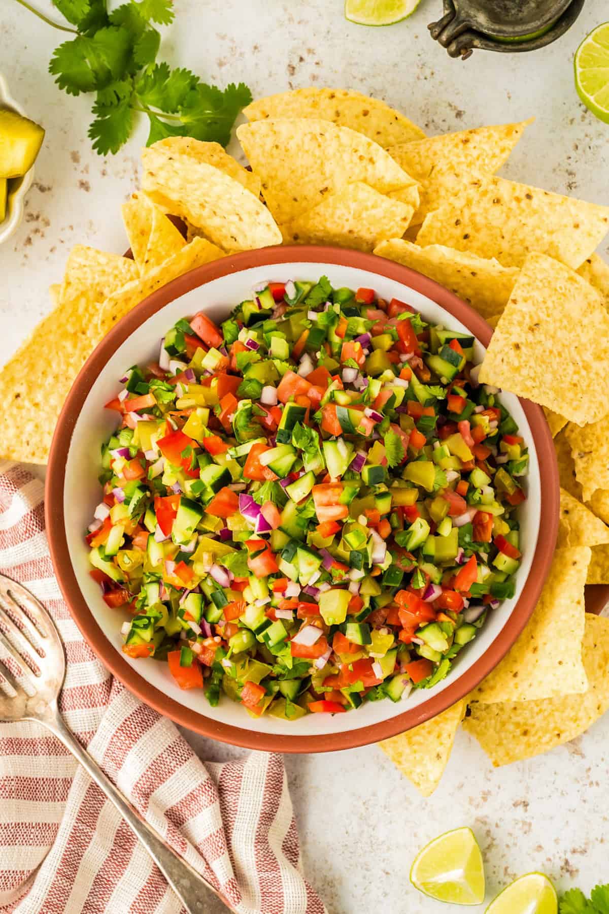 Calling all pickle lovers! This tangy Pickle de Gallo recipe is a game-changing condiment that adds a fresh, tangy twist to any meal. Tortilla chips are placed around a full bowl of pickle salsa.
