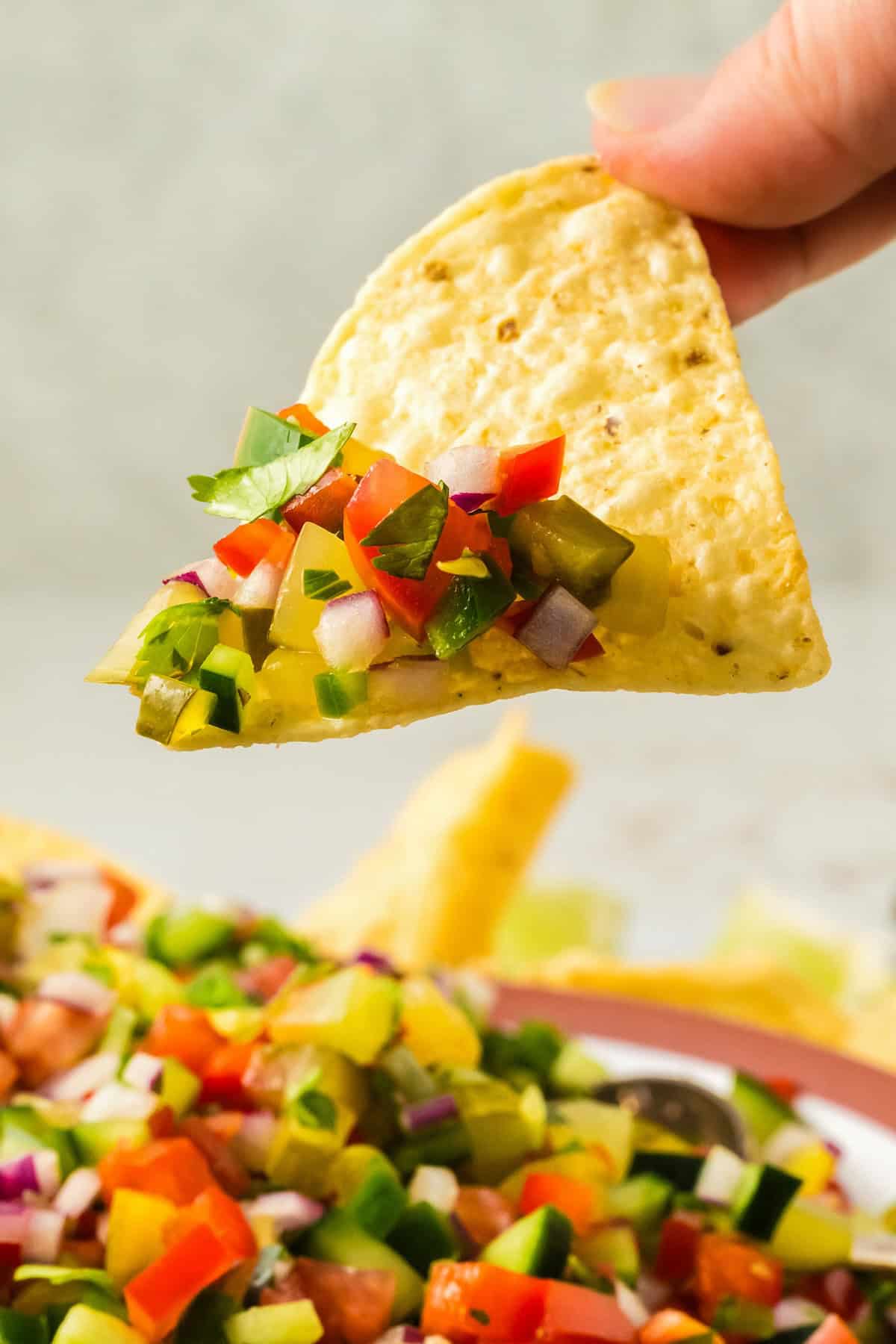 Calling all pickle lovers! This tangy Pickle de Gallo recipe is a game-changing condiment that adds a fresh, tangy twist to any meal. A chip has been dipped into a bowl of pickle pico de gallo.