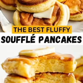 A stack of fluffy soufflé pancakes topped with melting butter and syrup. The top image shows pancakes on a plate with butter, and the bottom image displays a cut stack with syrup.