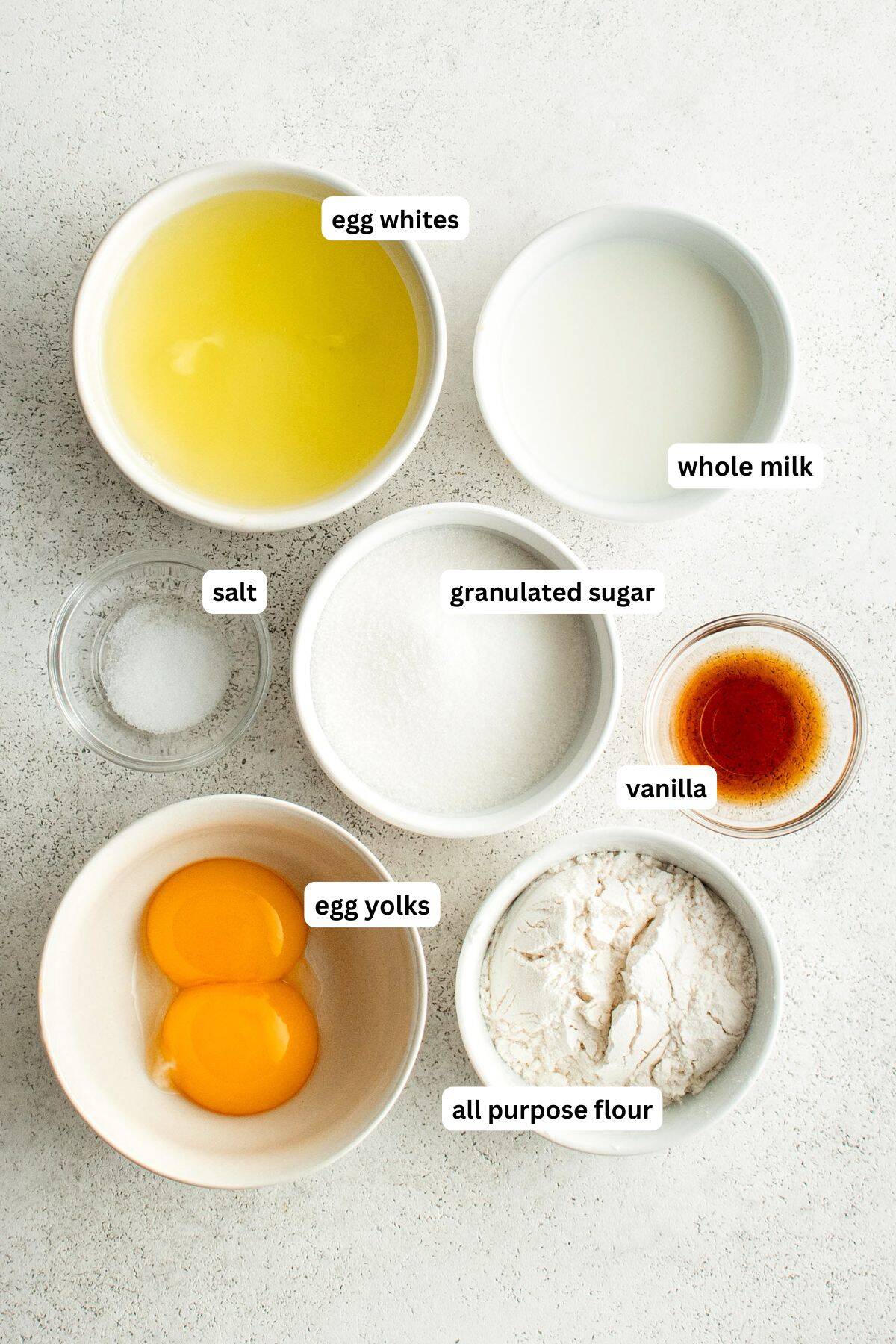 Bowls containing ingredients for Japanese soufflé pancake recipe with labels: egg whites, whole milk, granulated sugar, vanilla, salt, egg yolks, and all-purpose flour, are arranged on a light surface.