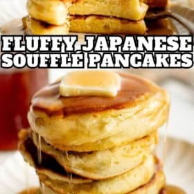 A stack of fluffy Japanese souffle pancakes topped with butter and drizzled with syrup.