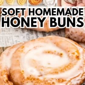 Collage showing honey buns: dough spirals on a baking tray, baked buns, and a hand holding a glazed bun.