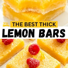 Delicious thick lemon bars topped with raspberries and lemon zest are stacked on a plate.