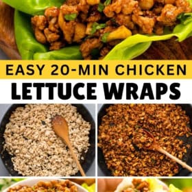 Collage showing close-up chicken lettuce wraps, steps of cooking chicken in a skillet, adding sauce, and filling lettuce cups.