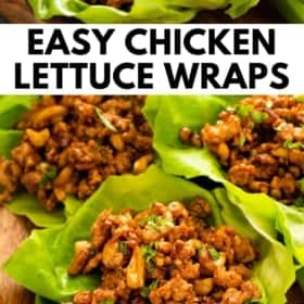 Close-up of chicken lettuce wraps filled with seasoned chicken, garnished with green onions, served on a wooden platter.