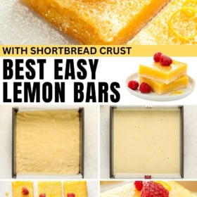 A pin featuring lemon bars with a shortbread crust. Images show a whole bar topped with raspberries, a single bar on a plate, crust in a pan, filling spread in a pan, and a close-up of squares.