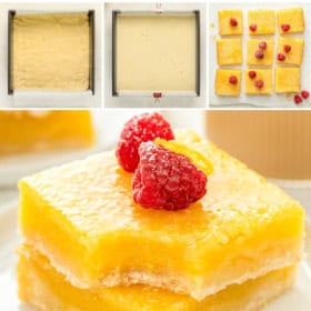 Collage showing the process of making lemon bars. Top: dough base in a pan, lemon filling poured, finished bars topped with raspberries. Bottom: close-up of two lemon bars stacked, garnished with a raspberry.