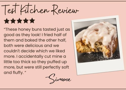 A review of honey buns with a five-star rating, a quote praising their taste and texture, and a photo of a half-eaten honey bun topped with white icing on a black plate.
