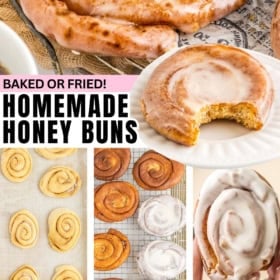 A collage shows glazed homemade honey buns, both whole and with a bite taken out, raw dough spirals on a baking sheet, baked buns cooling on racks, and a hand holding a frosted bun.