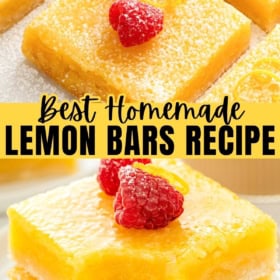 Close-up of lemon bars dusted with powdered sugar, topped with fresh raspberries. The bars have a bright yellow filling and a light shortbread crust.