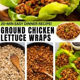 Collage of ground chicken lettuce wraps, cooked chicken in a skillet, and serving suggestions.